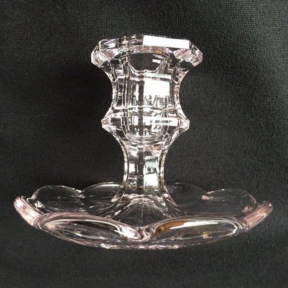 Clear Art Glass Candlestick Holder Flower Petal Fluted Base Hexagonal Top Vtg - Picture 3 of 12